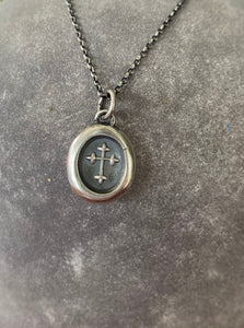 Christian Budded Cross.  Father, Son, Holy Spirit.  Holy Trinity cross.  Sterling silver antique wax letter seal impression.