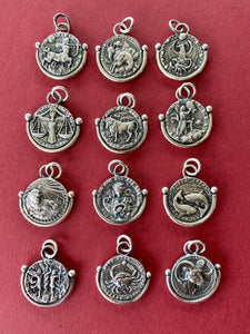 Gemini handmade sterling silver pendant. Zodiac sign coin necklace.