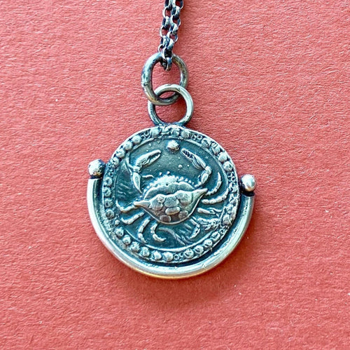 Cancer handmade sterling silver pendant. Zodiac sign coin necklace.