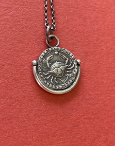 Cancer handmade sterling silver pendant. Zodiac sign coin necklace.
