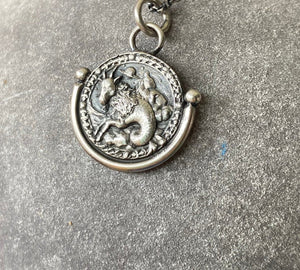 Capricorn  handmade sterling silver pendant. Zodiac sign coin necklace.
