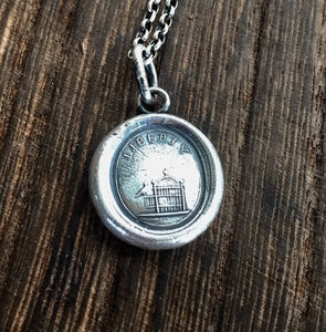 Liberty pendant, sterling silver antique wax letter seal. Bird and cage &#39;;Freedom&#39; pendant