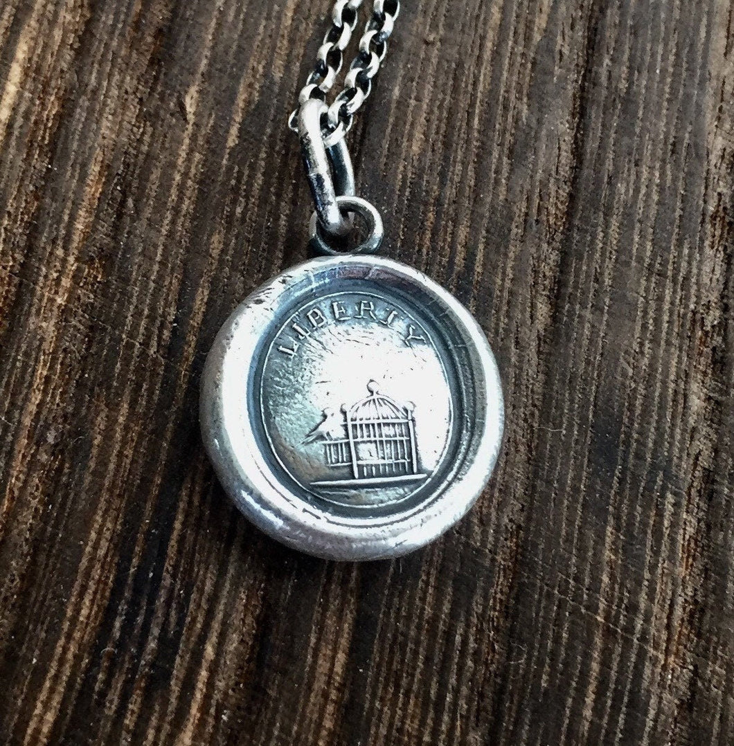 Liberty pendant, sterling silver antique wax letter seal. Bird and cage ';Freedom' pendant