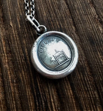 Load image into Gallery viewer, Liberty pendant, sterling silver antique wax letter seal. Bird and cage &#39;;Freedom&#39; pendant