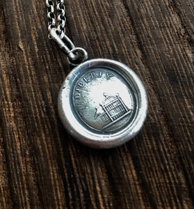 Liberty pendant, sterling silver antique wax letter seal. Bird and cage &#39;;Freedom&#39; pendant