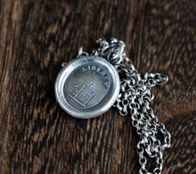 Load image into Gallery viewer, Liberty pendant, sterling silver antique wax letter seal. Bird and cage &#39;;Freedom&#39; pendant