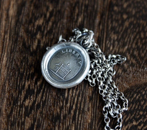 Liberty pendant, sterling silver antique wax letter seal. Bird and cage &#39;;Freedom&#39; pendant