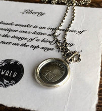Load image into Gallery viewer, Liberty pendant, sterling silver antique wax letter seal. Bird and cage &#39;;Freedom&#39; pendant