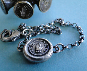 Antique Wax seal Amulet, bracelet, Love, Truth, various sizes, sterling silver.