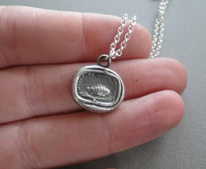 Patience….. hurry no mans cattle….. antique wax letter seal pendant, sterling.