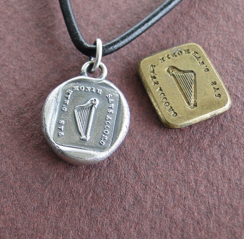 Harp pendant.  antique wax letter seal pendant. Harmony pendant for musician or Irish interest.