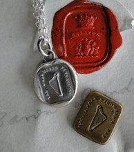 Load image into Gallery viewer, Harp pendant.  antique wax letter seal pendant. Harmony pendant for musician or Irish interest.