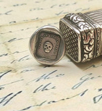 Load image into Gallery viewer, skull tie tack - sterling skull wax seal pin - &#39;as you are so once was I&#39;. memento mori.  antique wax letter seal.