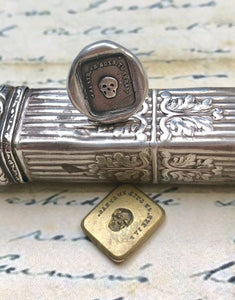 skull tie tack - sterling skull wax seal pin - &#39;as you are so once was I&#39;. memento mori.  antique wax letter seal.