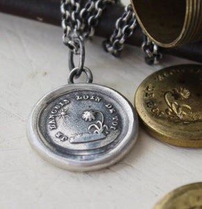 Long distance love, I miss you.....  Without you I languish.  Antique wax letter seal necklace. Sterling amulet,