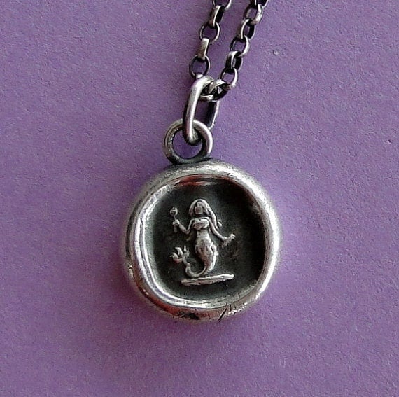 Silver Mermaid pendant. Antique wax letter seal jewelry. Small mermaid charm. Emblem of Eloquence.