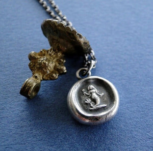 Silver Mermaid pendant. Antique wax letter seal jewelry. Small mermaid charm. Emblem of Eloquence.