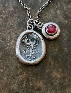 Phoenix rising wax seal amulet.  Sterling silver impression of a wax seal.