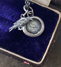 Load image into Gallery viewer, Tiny raven and God Feeds the Ravens combo…. sterling silver antique wax letter seal and 3D double sided raven charm. Religious pendant.