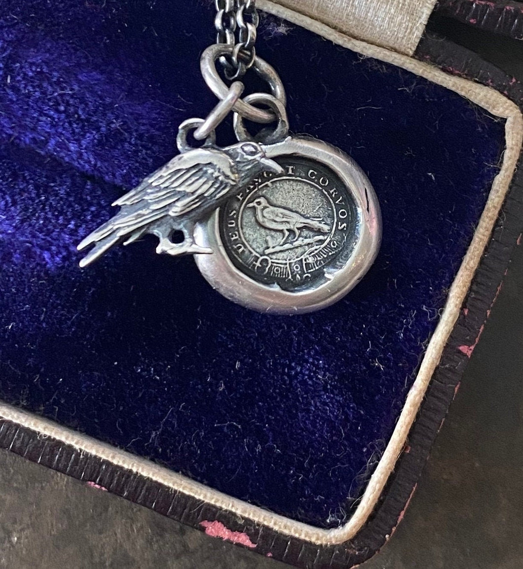 Tiny raven and God Feeds the Ravens combo…. sterling silver antique wax letter seal and 3D double sided raven charm. Religious pendant.