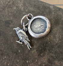 Load image into Gallery viewer, Tiny raven and God Feeds the Ravens combo…. sterling silver antique wax letter seal and 3D double sided raven charm. Religious pendant.