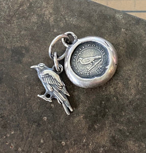 Tiny raven and God Feeds the Ravens combo…. sterling silver antique wax letter seal and 3D double sided raven charm. Religious pendant.