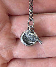 Load image into Gallery viewer, Tiny raven and God Feeds the Ravens combo…. sterling silver antique wax letter seal and 3D double sided raven charm. Religious pendant.