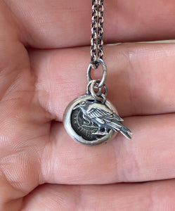 Tiny raven and God Feeds the Ravens combo…. sterling silver antique wax letter seal and 3D double sided raven charm. Religious pendant.