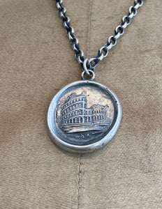 Roman Colosseum, antique wax sea, Victorian Tassie seal. Grand tour souvenir.  Solid sterling silver
