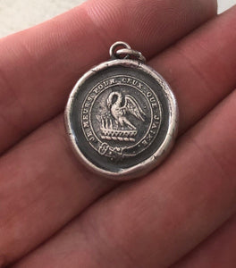 I die for those I love.  Pelican in her piety, Motherhood pendant. sterling silver antique wax seal impression.