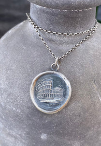 Roman Colosseum, antique wax sea, Victorian Tassie seal. Grand tour souvenir.  Solid sterling silver