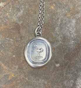 Ostrich emblem, antique wax letter seal. sterling silver &#39;mindfulness&#39; pendant.