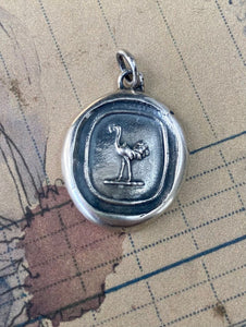Ostrich emblem, antique wax letter seal. sterling silver &#39;mindfulness&#39; pendant.
