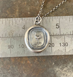 Ostrich emblem, antique wax letter seal. sterling silver &#39;mindfulness&#39; pendant.