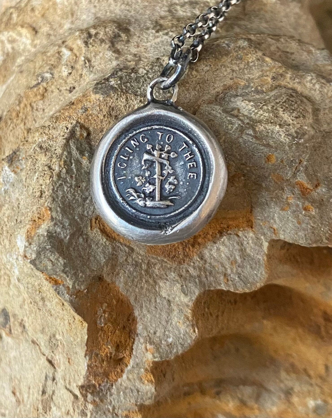 Cling to your faith.  I cling to thee, antique wax letter seal impression.  Sterling silver Christian religious pendant.