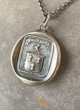 Load image into Gallery viewer, Courage, have to courage to succeed. Reap your rewards.  success. Lion and weath sheafs heraldry pendant. Antique wax seal impression.