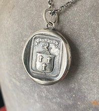 Load image into Gallery viewer, Courage, have to courage to succeed. Reap your rewards.  success. Lion and weath sheafs heraldry pendant. Antique wax seal impression.