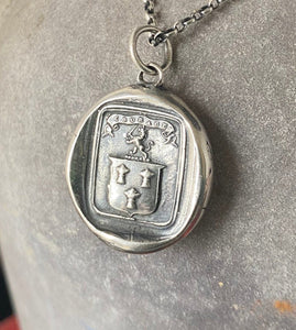 Courage, have to courage to succeed. Reap your rewards.  success. Lion and weath sheafs heraldry pendant. Antique wax seal impression.