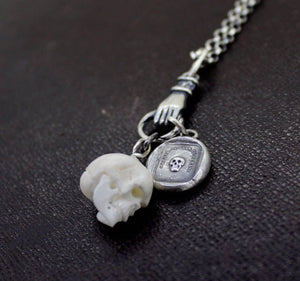 Hand Carved Skull Charm, Bone carved skull. memento mori skull, mourning jewelry, halloween jewelry.