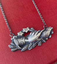 Load image into Gallery viewer, Beautifully detailed mourning hand necklace. Full of symbolism and charm.  Sterling silver necklace in the length you require.