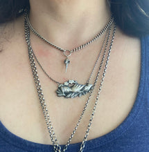 Load image into Gallery viewer, Beautifully detailed mourning hand necklace. Full of symbolism and charm.  Sterling silver necklace in the length you require.