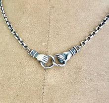 Load image into Gallery viewer, Clasped hands necklace.  Sterling silver, joined hands, 3mm sterling rolo chain in the length of your choosing