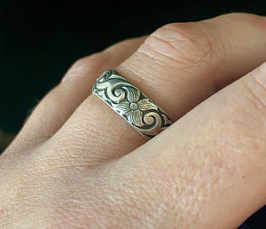 Sterling silver, Victorian inspired etched ring.  Made in your size.