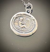 Load image into Gallery viewer, Love findeth the way…… Tassie seal with Cupid and rough seas. Sterling silver antique wax letter seal amulet. Handmade jewelry.