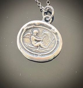 Love findeth the way…… Tassie seal with Cupid and rough seas. Sterling silver antique wax letter seal amulet. Handmade jewelry.