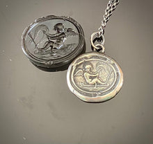 Load image into Gallery viewer, Love findeth the way…… Tassie seal with Cupid and rough seas. Sterling silver antique wax letter seal amulet. Handmade jewelry.