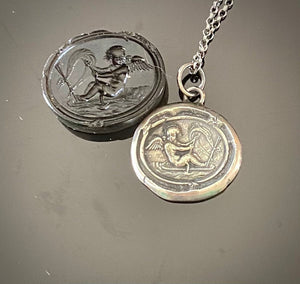 Love findeth the way…… Tassie seal with Cupid and rough seas. Sterling silver antique wax letter seal amulet. Handmade jewelry.