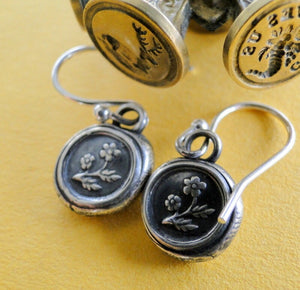 Forget me not flower, wax seal, sterling silver, dangle earrings.