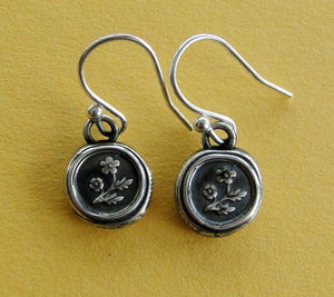 Forget me not flower, wax seal, sterling silver, dangle earrings.