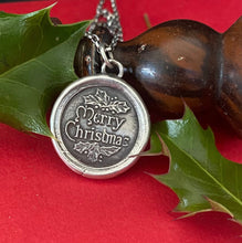 Load image into Gallery viewer, Merry Christmas, Victorian antique wax letter seal necklace. Holiday jewellery, sold sterling silver handmade Christmas pendant.